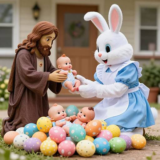 Easter Bunny and Jesus Christ Figurines with Baby Dolls and Easter Eggs