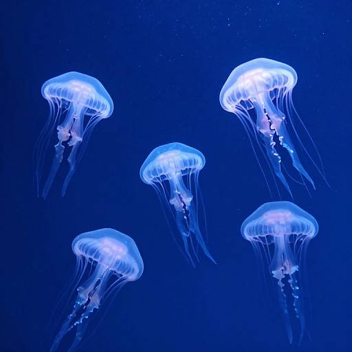 Photograph of five glowing blue jellyfish with translucent, bell-shaped bodies and trailing tentacles, floating against a deep blue underwater background.