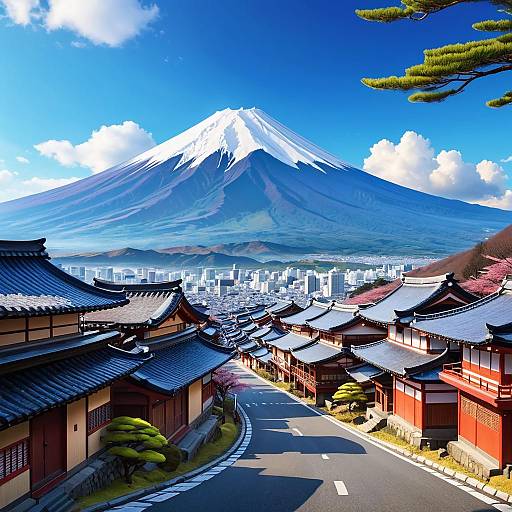 Traditional Village Road with Mount Fuji