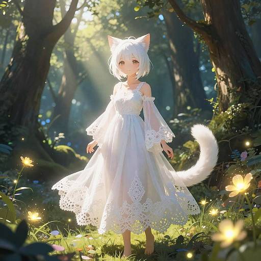 Digital anime-style drawing of a white-haired, cat-eared girl in a flowing, lace-trimmed white dress, standing in a sunlit forest