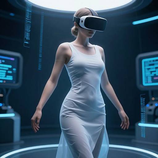 CGI image of a woman in a sleek white dress and VR headset, standing in a futuristic, dimly-lit room with glowing blue screens.