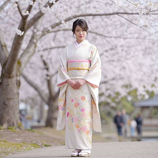 Photograph of a young Japanese woman in a white kimono with pink and yellow floral patterns, standing on a cherry blossom-lined path, with blurred people