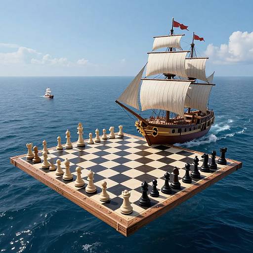Photorealistic CGI: Wooden pirate ship with white sails sailing on a chessboard floating on the blue ocean, smaller ship in background.