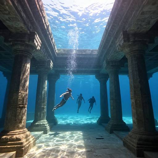 Photograph of three scuba divers swimming underwater in a sunlit, ancient stone ruin with tall columns, casting dramatic shadows. Blue water, sunlight,