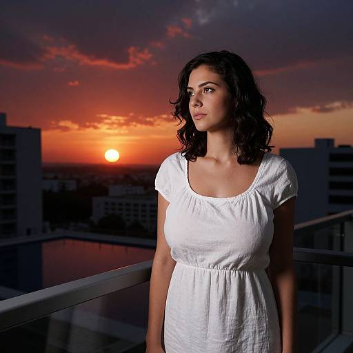 Photograph of a brunette woman with wavy hair in a white, short-sleeved dress, standing on a balcony at sunset, with an orange