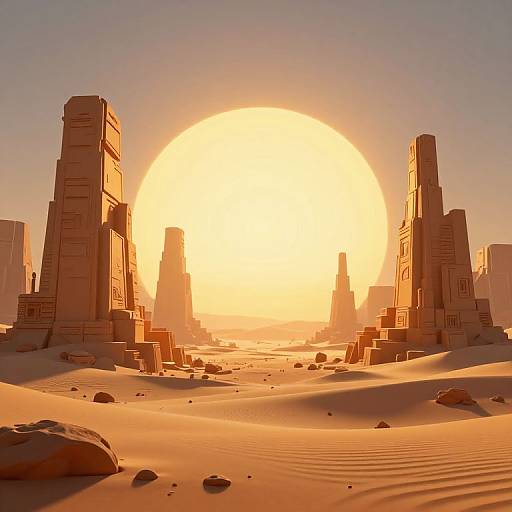 Photorealistic CGI of a desert sunset with massive, geometric, stone structures silhouetted against a large, glowing sun. Sandy, rippled
