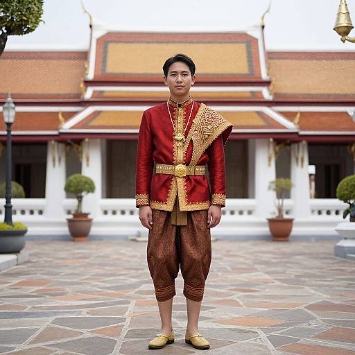 Photograph of an Asian man in ornate red and gold traditional Thai attire, standing on a stone-paved courtyard with a temple in the background.
