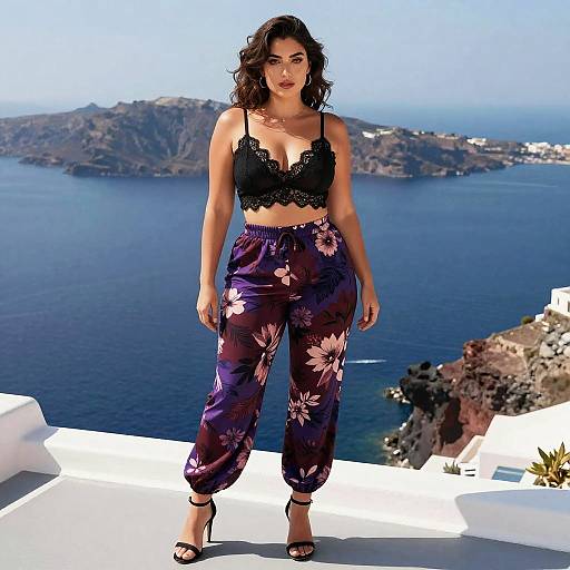 Photograph of a curvy woman with dark wavy hair, wearing a black lace crop top and floral pants, standing on a white balcony overlooking a