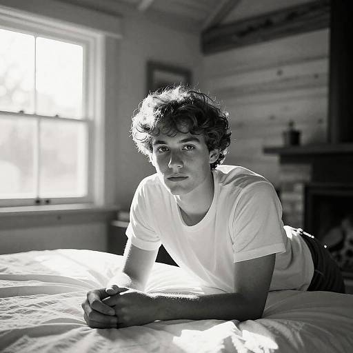 Black-and-white photograph of a curly-haired young man in a white t-shirt lying on a bed, hands clasped, sunlight streaming from a window in