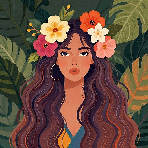 Digital illustration of a woman with long wavy brown hair, wearing a flower crown of white, pink, and red flowers, surrounded by lush green leaves