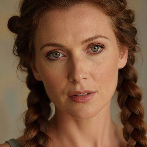 Close-up photograph of a fair-skinned woman with green eyes, brown braided hair, and neutral expression, set against a soft, blurred background.