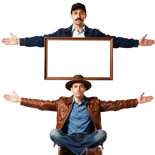 Two Men with Empty Frame on White Background