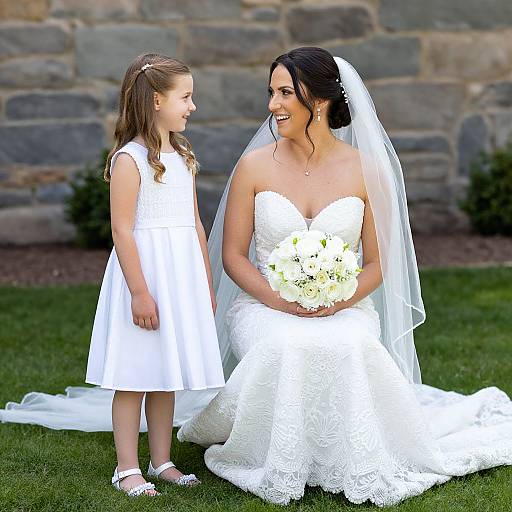 Photograph of a smiling bride in a white lace strapless gown and veil, holding a bouquet, standing on grass with a young flower girl in a