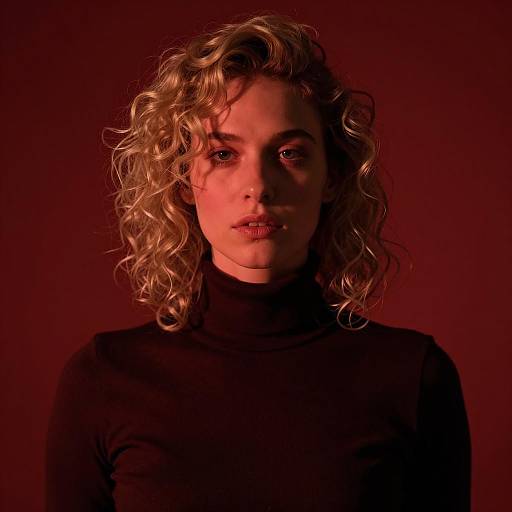 Woman with Curly Blonde Hair in Red Light