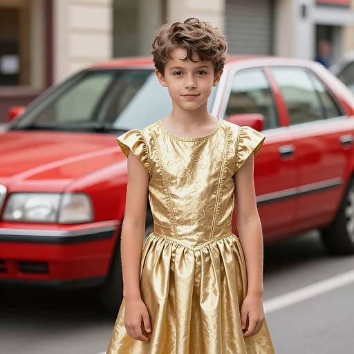 Photograph of a young girl with curly brown hair, wearing a shiny gold dress, standing in front of a red car parked on a street.
