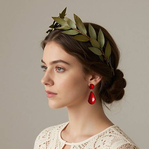 Photograph of a fair-skinned woman with dark brown hair in a bun, wearing a green leafy headband and red teardrop earrings,