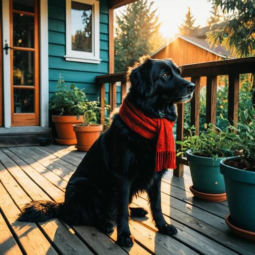 Black Dog with Red Scarf on Wooden Porch at Sunset