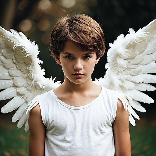 Boy in Angel Gabriel Costume with White Feathered Wings