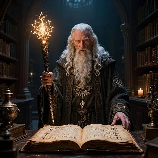Elderly Wizard in Mystic Library