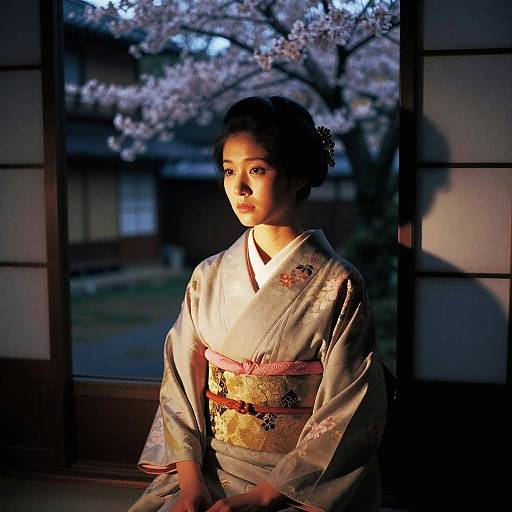 Japanese Woman in Kimono with Sakura Background