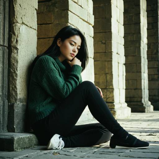 Thoughtful Young Woman Sitting by Stone Pillar