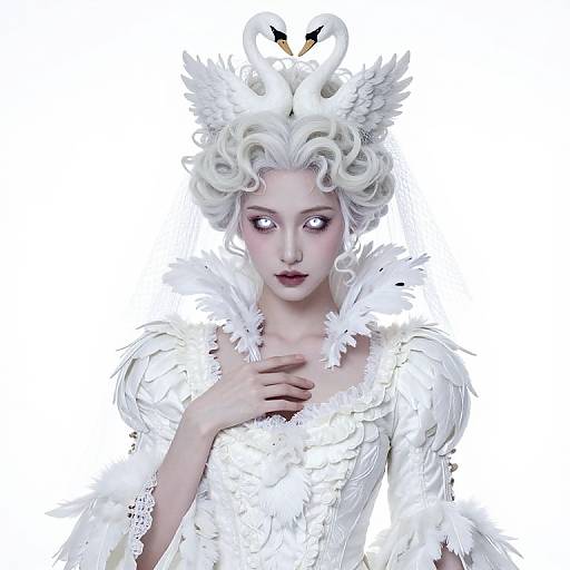 Digital art of a pale-skinned, wide-eyed woman with curly white hair, wearing a feathered white costume with a bird-shaped headdress, set