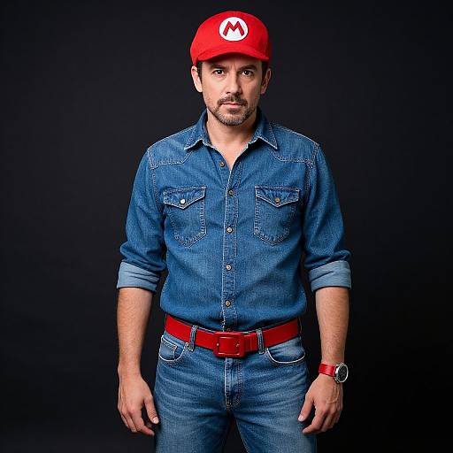 Photograph of a bearded man with medium build, wearing a red Mario cap, blue denim shirt, and jeans with red belt, against a black