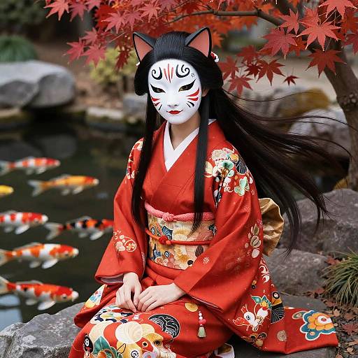 Japanese Cat Girl by Koi Pond