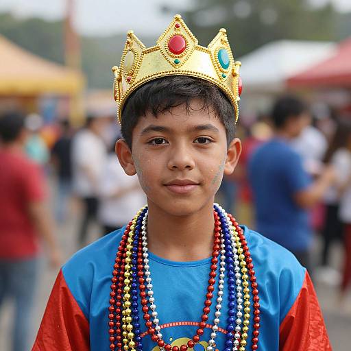 Photograph of a young Asian boy wearing a gold crown with red, blue, and green jewels, blue shirt, red sleeves, and multiple colorful bead