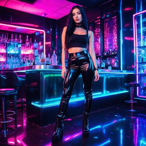 Woman in leather pants at neon-lit bar