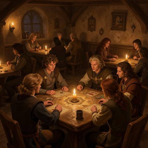 Photograph-style digital art of medieval-style group of 11 people, dimly lit by candles, playing cards around wooden tables in a rustic, warm