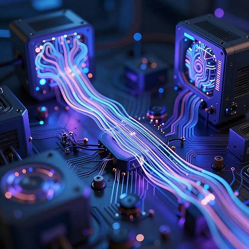 Neural Network Light Strands in Cyberpunk Circuitry