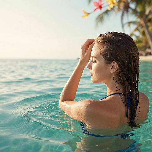 Photograph of a wet-haired, fair-skinned woman with a slender build in a turquoise ocean, gazing upwards, sunlight illuminating her profile,