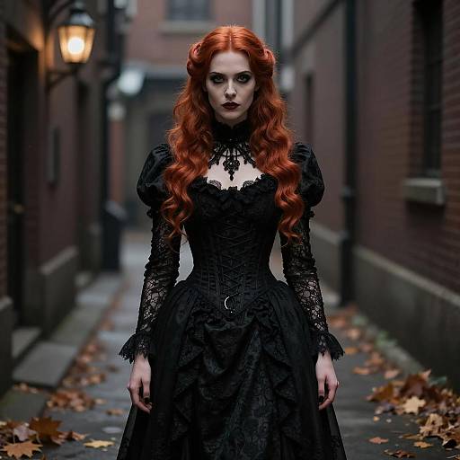 Gothic Victorian Woman in Black Lace Dress