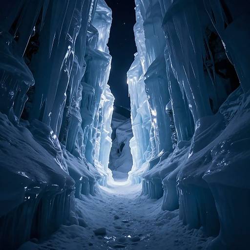 Photograph of a narrow, illuminated ice cave with towering, translucent ice formations and a glowing white light at the center, creating a mesmerizing, blue