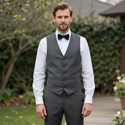 Photograph of a handsome, bearded man with short brown hair, wearing a black vest, white shirt, and black bow tie, standing in a