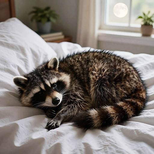 Photograph of a fluffy raccoon curled up on a white, sunlit bed, with a blurred window and plant in the background.
