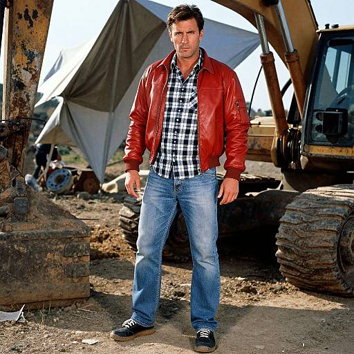 Photograph of a muscular, handsome man with short dark hair, wearing a red leather jacket, black-and-white checkered shirt, blue jeans, and