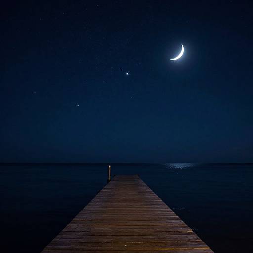 Photograph of a wooden pier extending into a dark blue, star-filled night sky with a crescent moon glowing brightly above.
