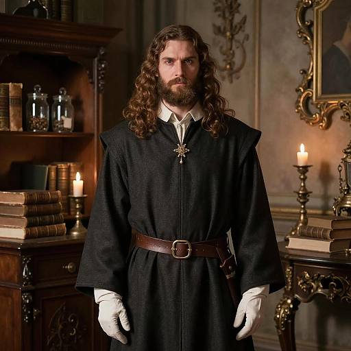 Photograph of a bearded man with long brown hair, wearing a black medieval robe, white gloves, and a star brooch, standing in a