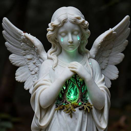 Photograph of a white marble angel statue with glowing green tears and wings, hands clasped over a glowing green crystal.