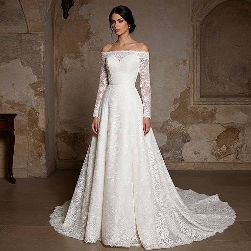 Photograph of a dark-haired woman in a white, long-sleeve, off-the-shoulder lace wedding gown with a trailing train, standing