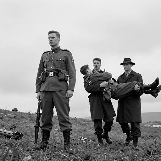 Intense Military Scene on Grassy Hill