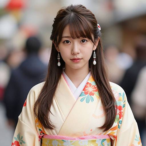 Photograph of a young Japanese woman with long brown hair, wearing a floral kimono, white and yellow, with red accents, standing in a blurred