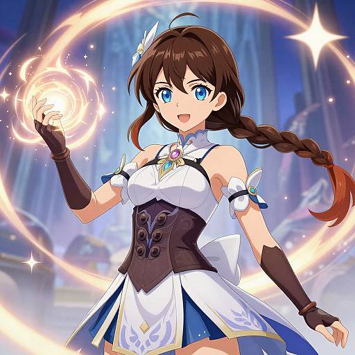 Digital anime-style illustration of a blue-eyed, brown-haired girl with a braid, wearing a white and blue magical girl outfit, casting a glowing spell