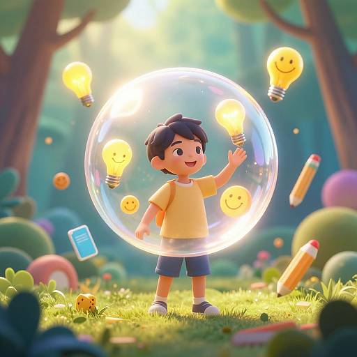 Whimsical CGI illustration of a happy, dark-haired boy in a yellow shirt and blue shorts, surrounded by glowing light bulbs inside a transparent bubble,