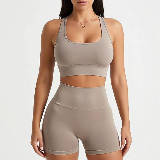 Photograph of a fit woman with long black hair, wearing a light gray sports bra and high-waisted shorts, against a white background. She