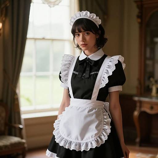 Photograph of a young woman with short black hair, wearing a traditional black and white French maid outfit, standing in a sunlit, elegant room.