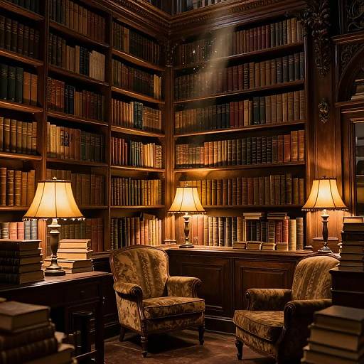 Photograph of a dimly lit, luxurious library with wooden bookshelves, three lit lamps, and two patterned armchairs, creating a