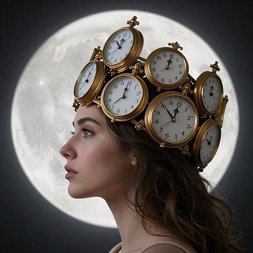 Photograph of a woman with long brown hair wearing a gold clock headpiece, facing left against a bright full moon.